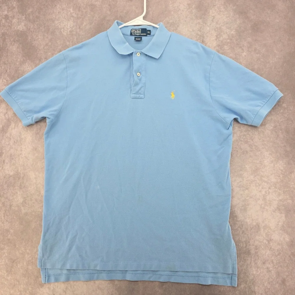 Vtg Polo Ralph Lauren Mens XL Light Blue Short Sleeve Pique Polo Yellow Pony